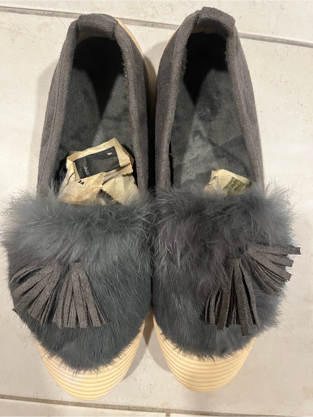 Women's Gray Faux Fur Tassel Slip-On Loafers